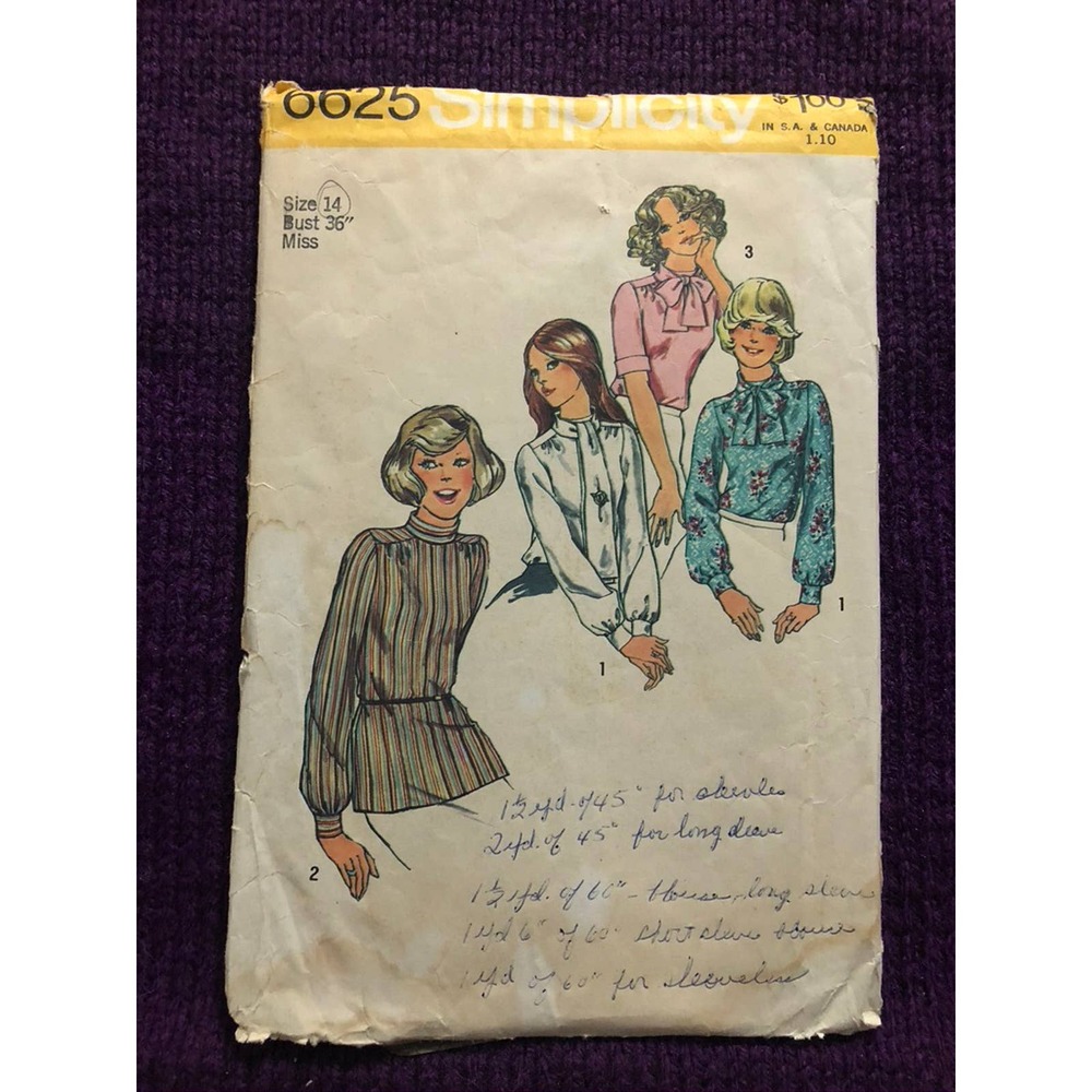 Simplicity Pattern 6625 kitten bow blouse top sz 14